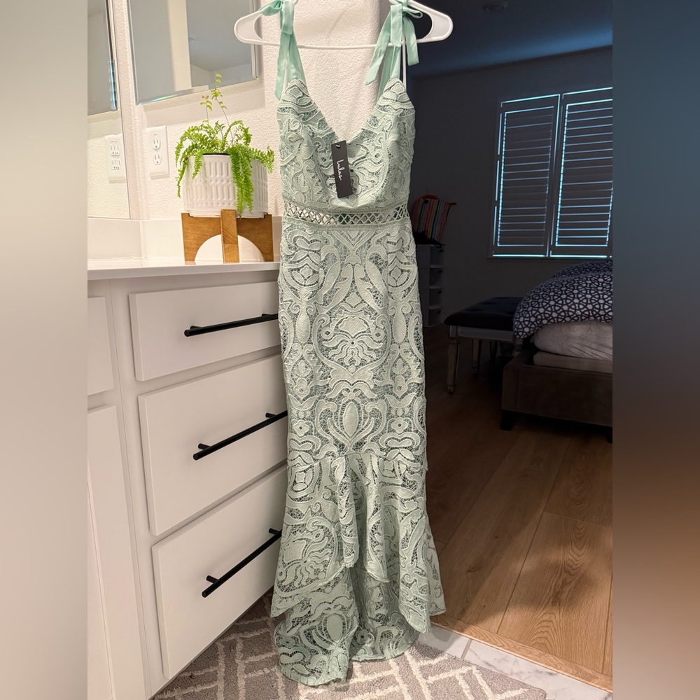 Lulu's Sage Green Lace Tie-Strap Maxi Dress